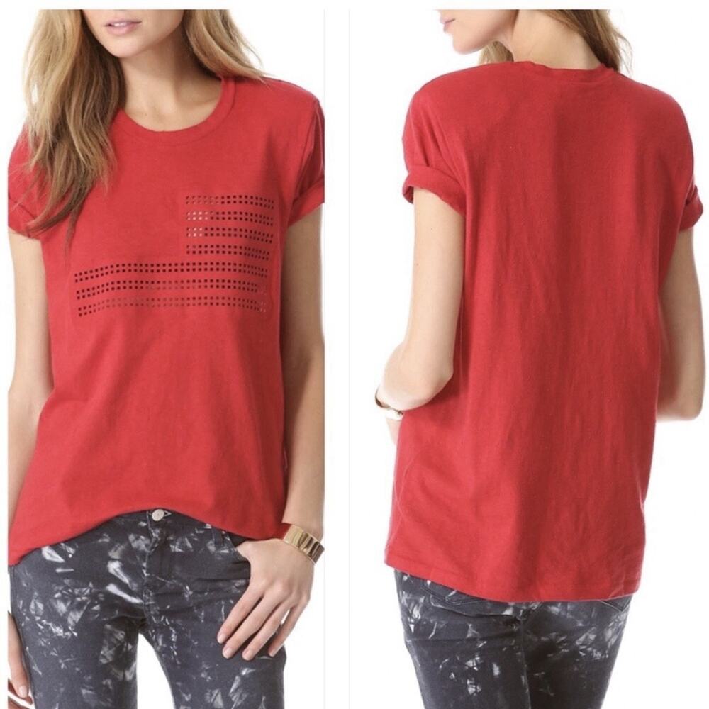 IRO Boucle Cotton Short Slv T-Shirt Top Women’s Sz 38 US 6 Red Laser Cut Holes